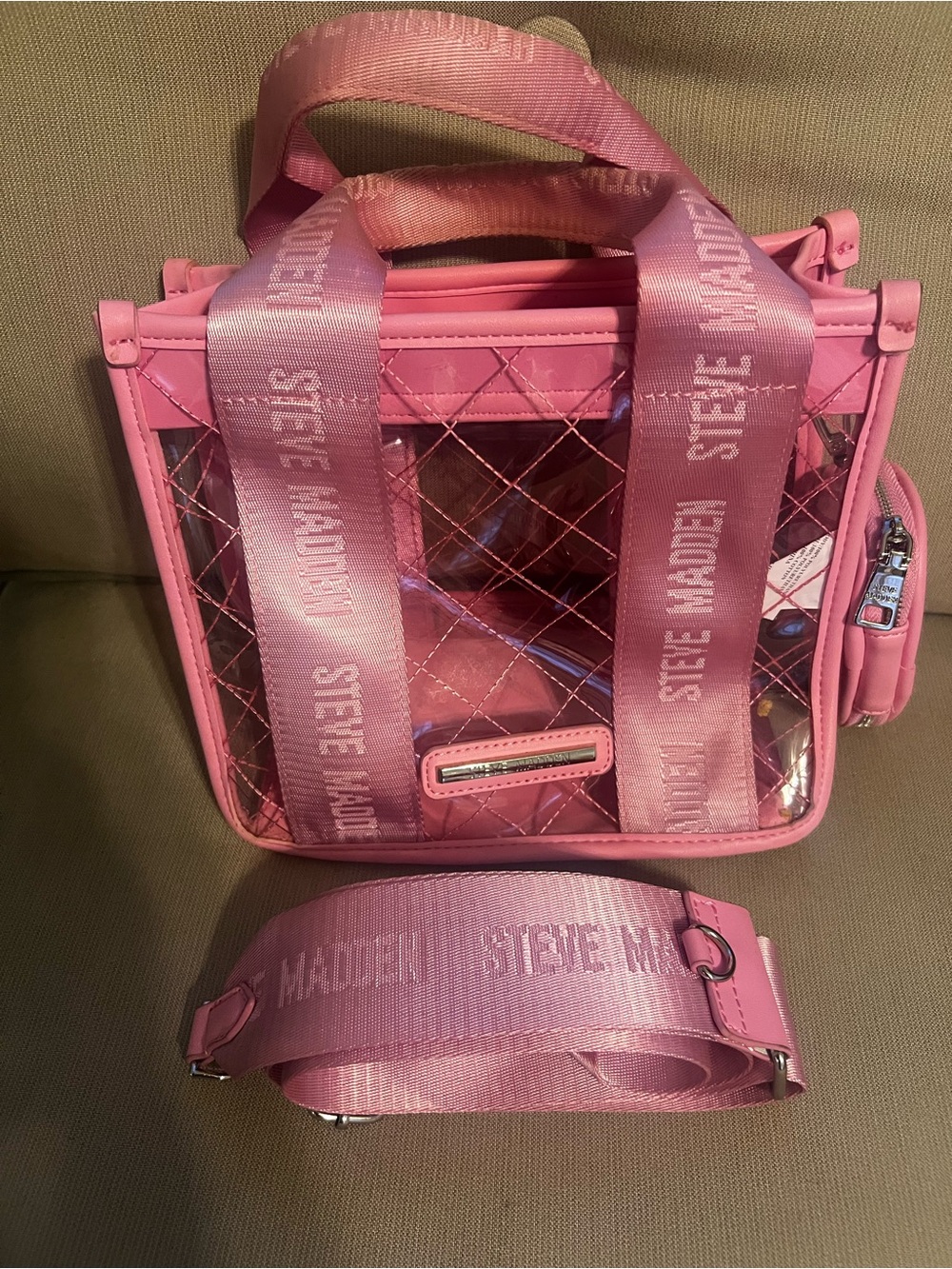 Steve Madden Pink Quilted Clear Crossbody Tote with Branded Strap